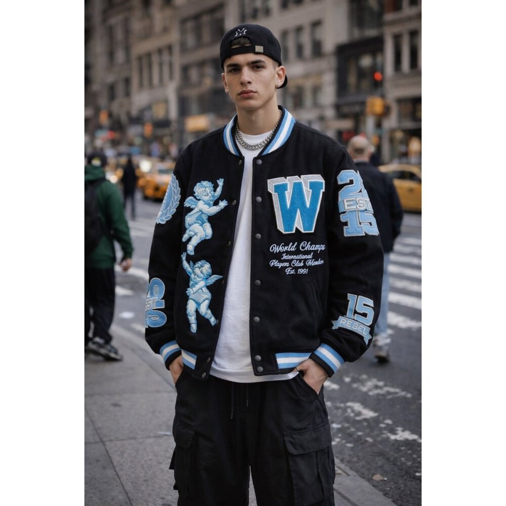 FBRK Mens Streetwear Varsity Jacket Black Blue Angel Graphics S Unisex Cherub